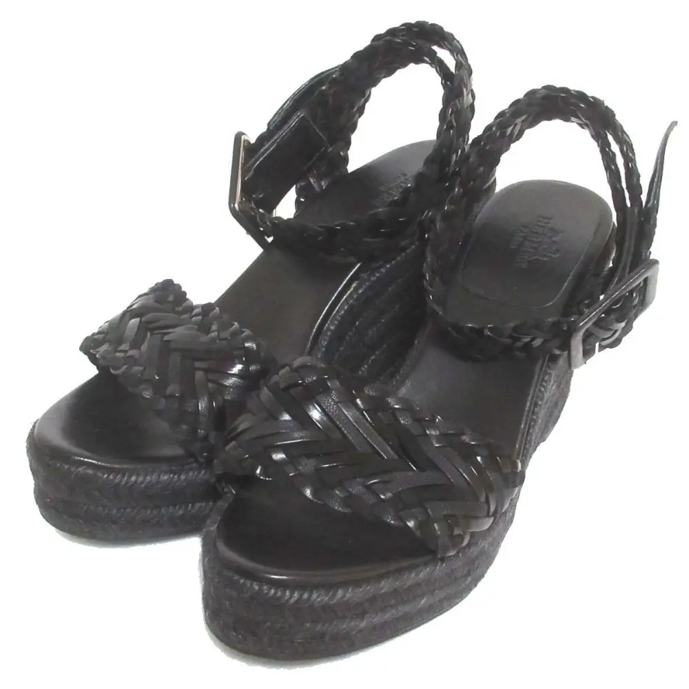 HERMES エルメス イネス メッシュレザー エスパドリーユ アンクルストラップ ウェッジソール ハイヒール サンダル 37 ブラック