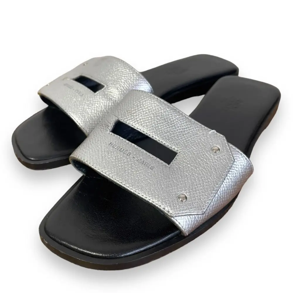 HERMES エルメス ヴェリー レザー フラット サンダル 35 約22cm シルバー×ブラック