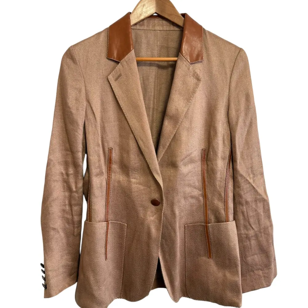 HERMES エルメス リネン×ヘンプ レザー切替 シングル テーラードジャケット 42 ブラウン