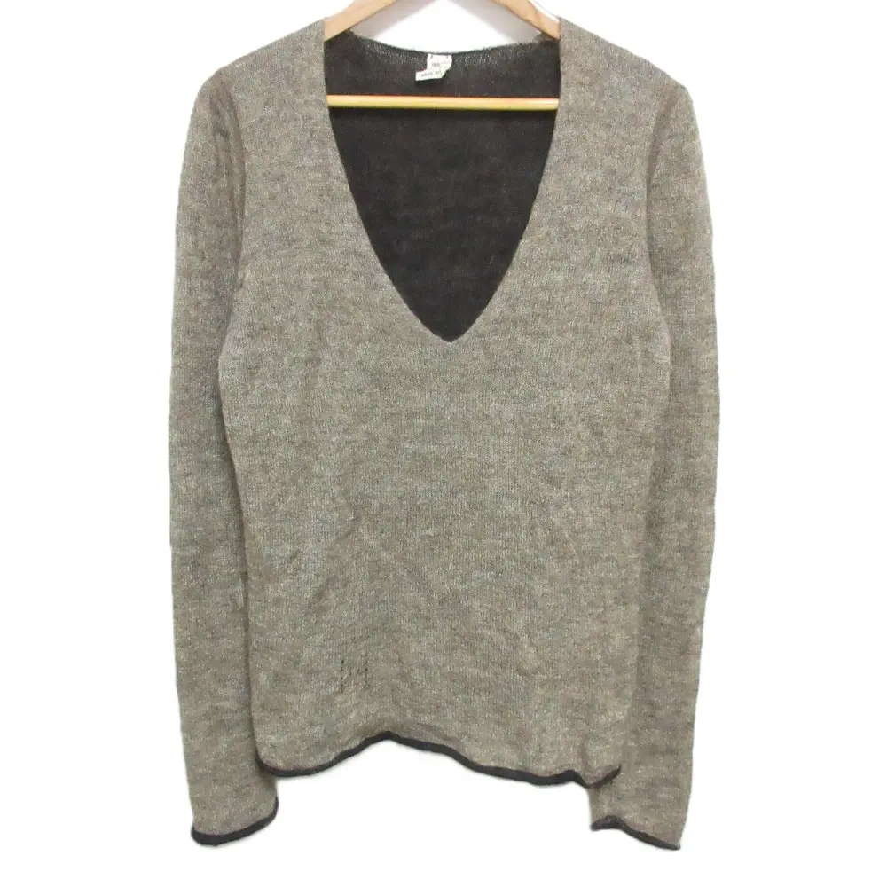 HERMES エルメス Vネック モヘア カシミヤ シルク 長袖 二枚重ねニット セーター モカブラウン×ブラック