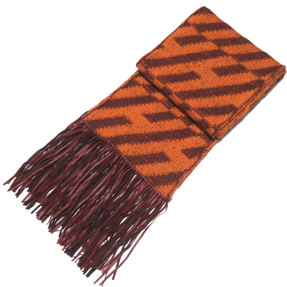 HERMES エルメス ラムレザーフリンジ カシミヤ100% ニット ロングマフラー オレンジ×ブラウン