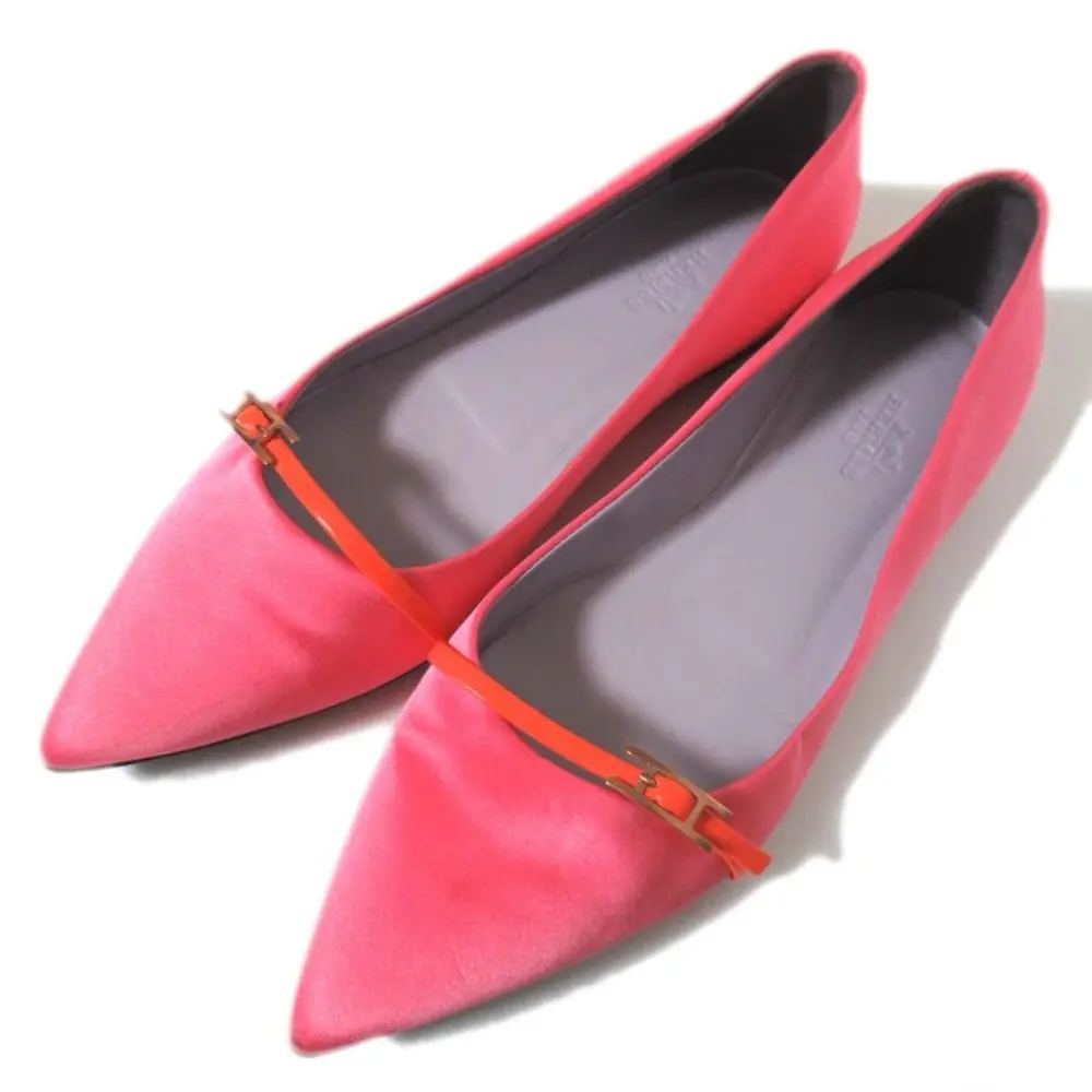 HERMES エルメス アピ サテン×レザー ポインテッドトゥ フラットシューズ パンプス 37.5サイズ 24.5cm相当 ピンク×オレンジ