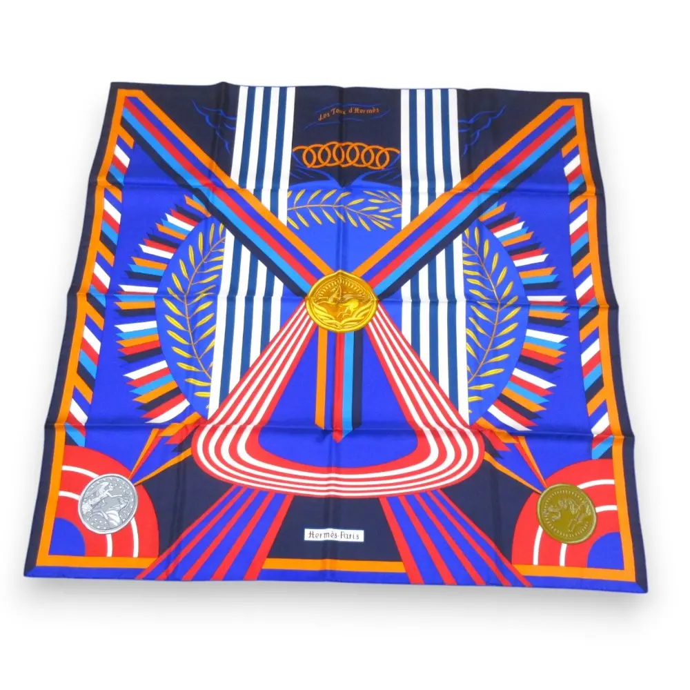 HERMES エルメス カレ90 LES JEUX D'HERMES エルメスのゲーム J.Abadie シルク100％ 大判スカーフ ブルー系