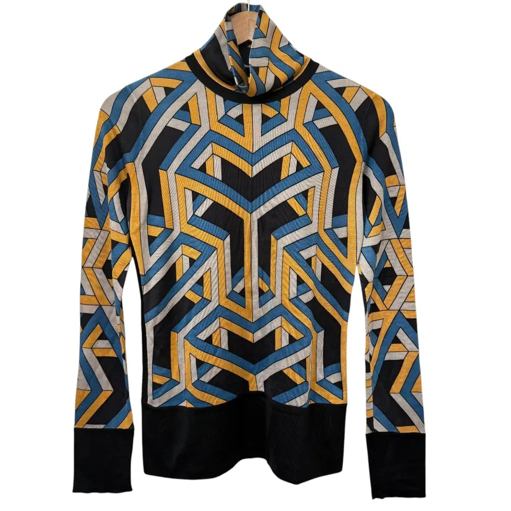 HERMES エルメス CARRE CUBE プリント シルク100％ タートルネック ニット セーター カットソー 38 マルチカラー