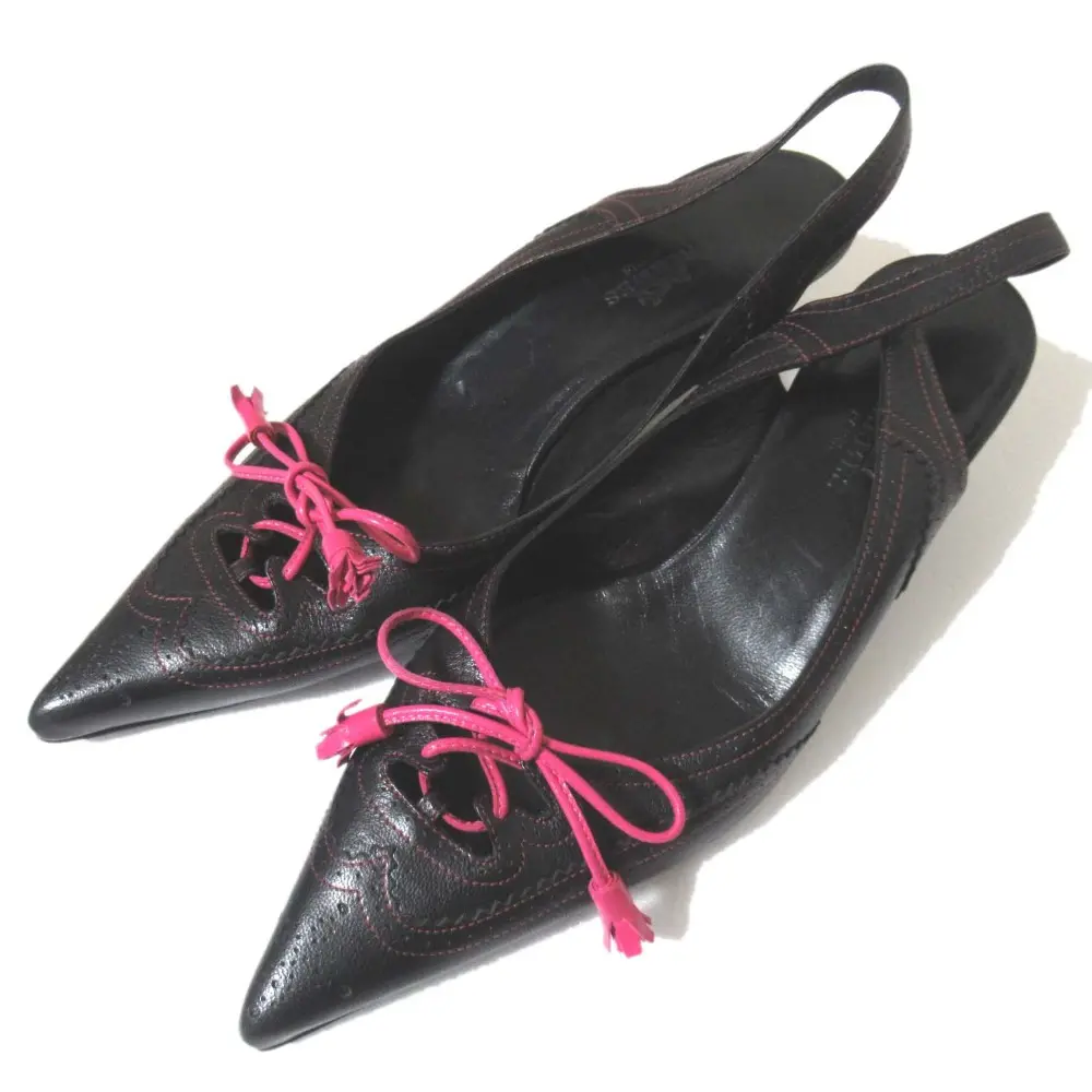 HERMES エルメス レザー ポインテッドトゥ バックスリング ミュール パンプス 35.5サイズ 約22.5cm ブラック ピンク