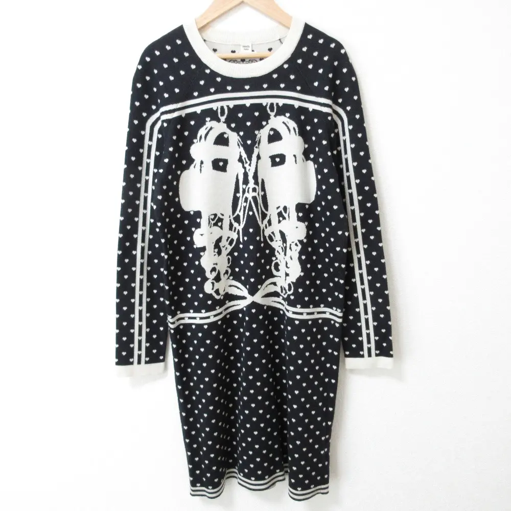 HERMES エルメス BRIDES de GALA ハート カシミヤ シルク 長袖 ひざ丈 ニット ワンピース 38 ブラック