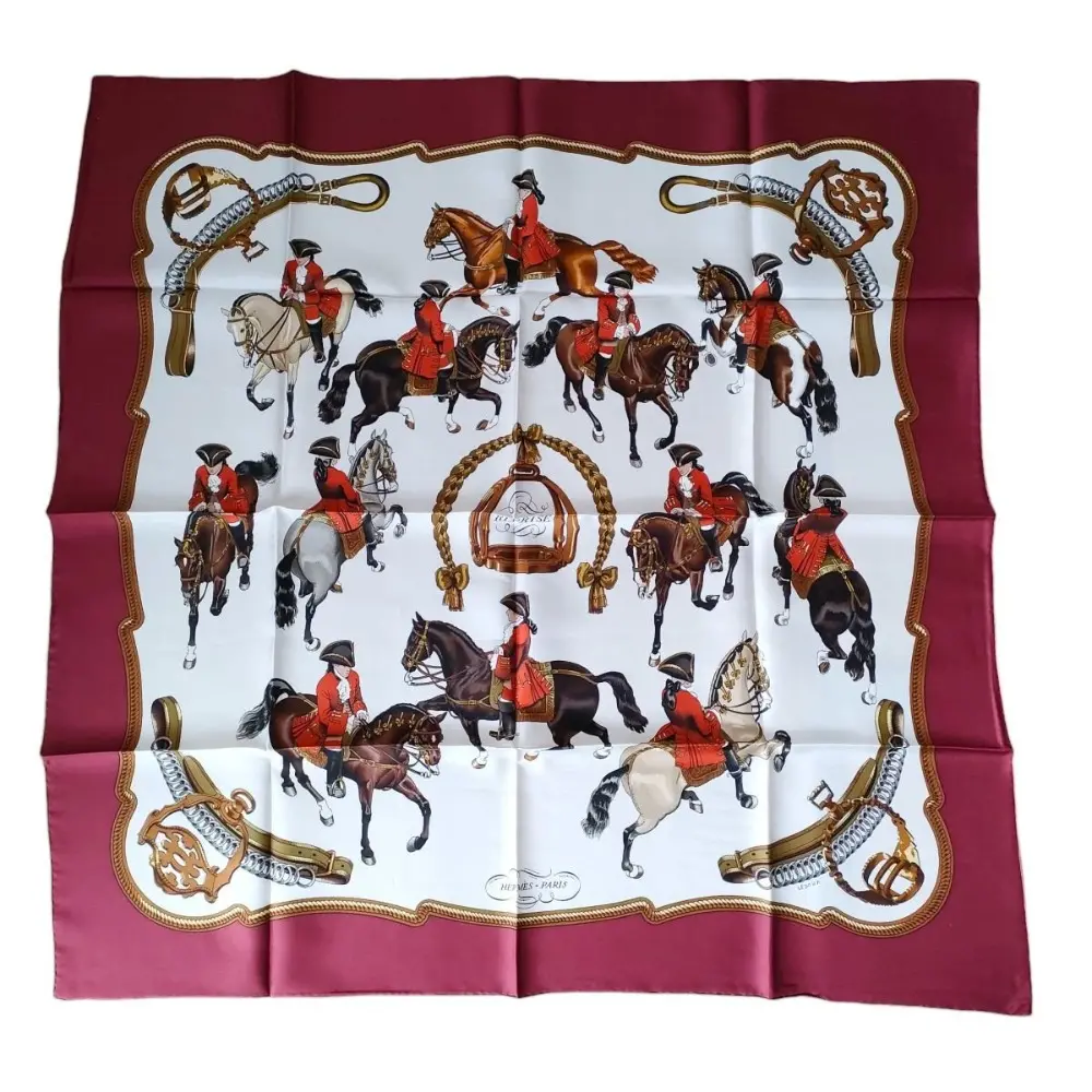 HERMES エルメス シルク100% EL PISTE 乗馬風景柄 カレ90 大判 バンダナ スカーフ マルチカラー