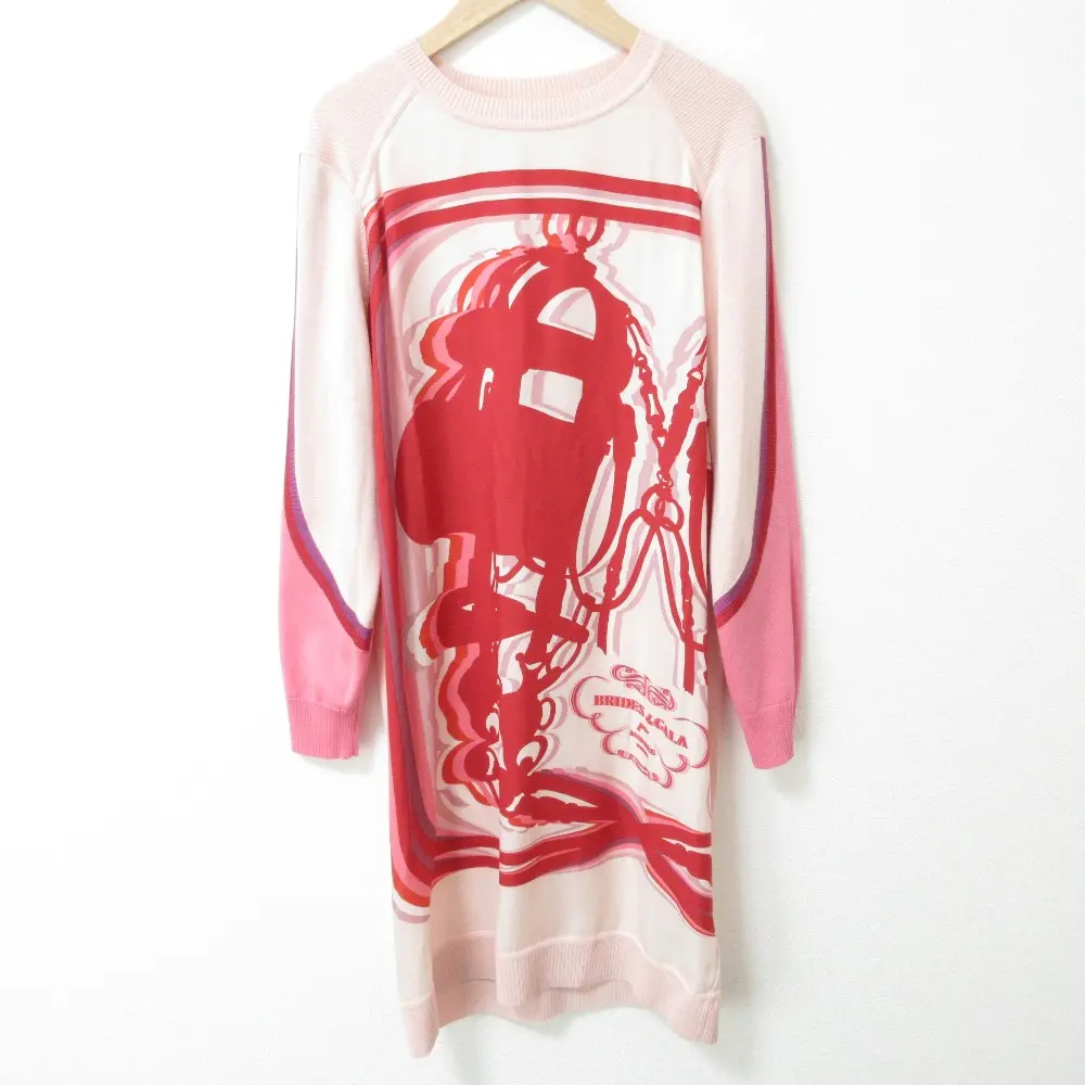 HERMES エルメス BRIDES de GALA ツイルレーヌ シルク 長袖 ひざ丈 ニットワンピース 38 ピンク