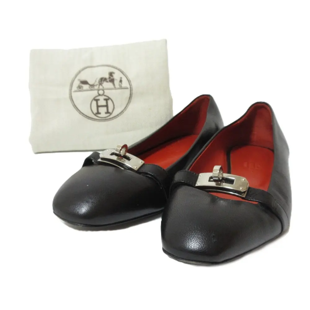 HERMES エルメス ビルバオ ケリー金具 レザー バレエシューズ フラットパンプス 36 1/2 約23.5cm ブラック