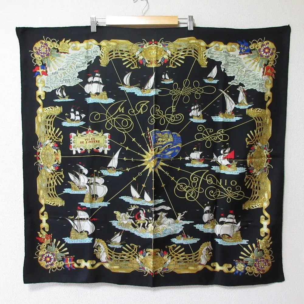 HERMES エルメス カレ 90 VOILES DE LUMIERE 光の帆船 大判スカーフ ブラック 
