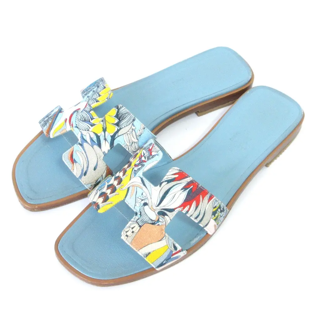 HERMES エルメス オラン スカーフ柄 キャンバス フラットサンダル 38.5 24.5cm相当 ブルー