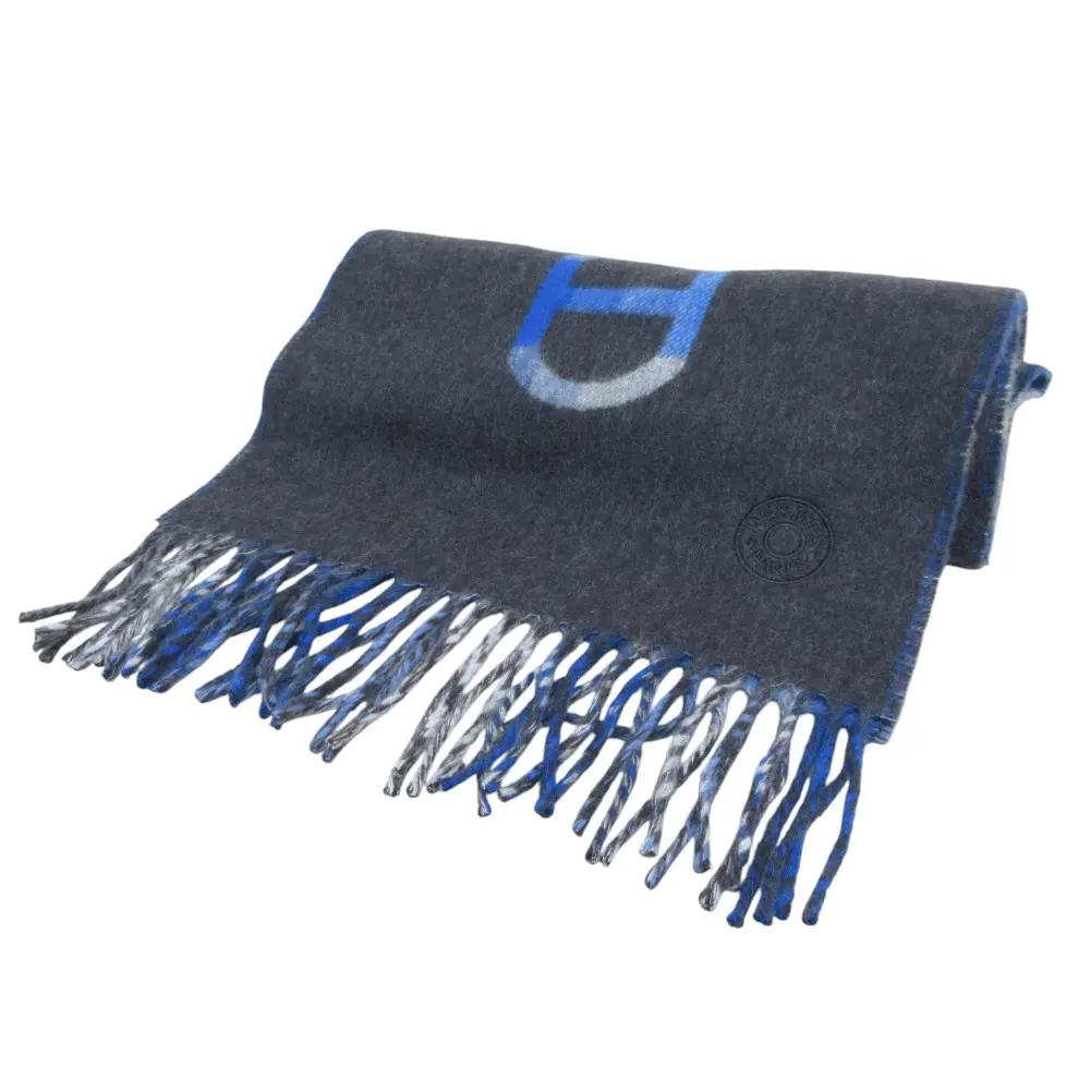 HERMES エルメス シェーヌダンクル タータンマイヨン フリンジ カシミヤ100％ マフラー ブルー グレー