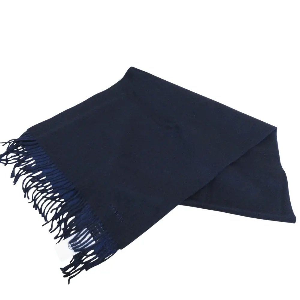 HERMES エルメス レクトヴェルソ カシミヤ100％ リバーシブルマフラー ネイビー ブルー