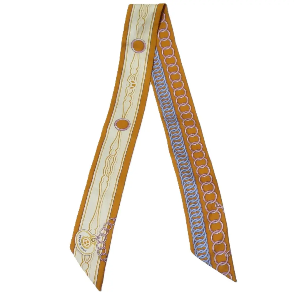 HERMES エルメス Maillons マイヨン シルク100% ツイリースカーフ オレンジ系マルチカラー