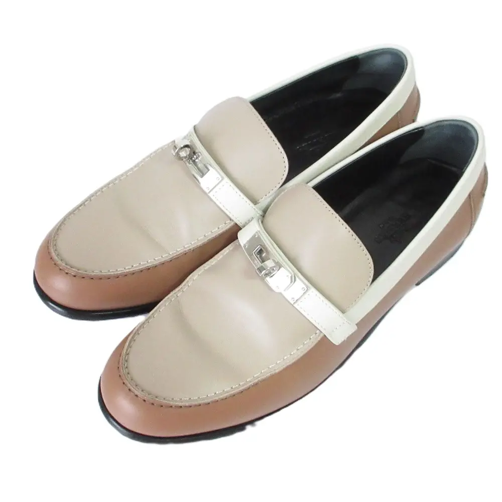 HERMES エルメス モカシン デスタン ケリーモチーフ ローファー シューズ 38.5 24.5cm ベージュ系