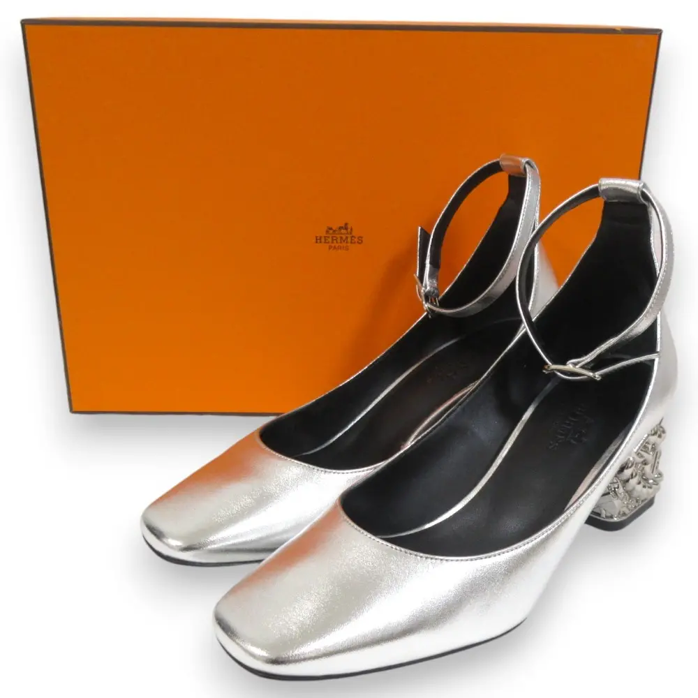 23SS HERMES エルメス ガーリー60 シェーヌダンクル アンクルストラップ チャンキーヒール パンプス 35 約22cm シルバーカラーの買取実績【2025年3月買取】