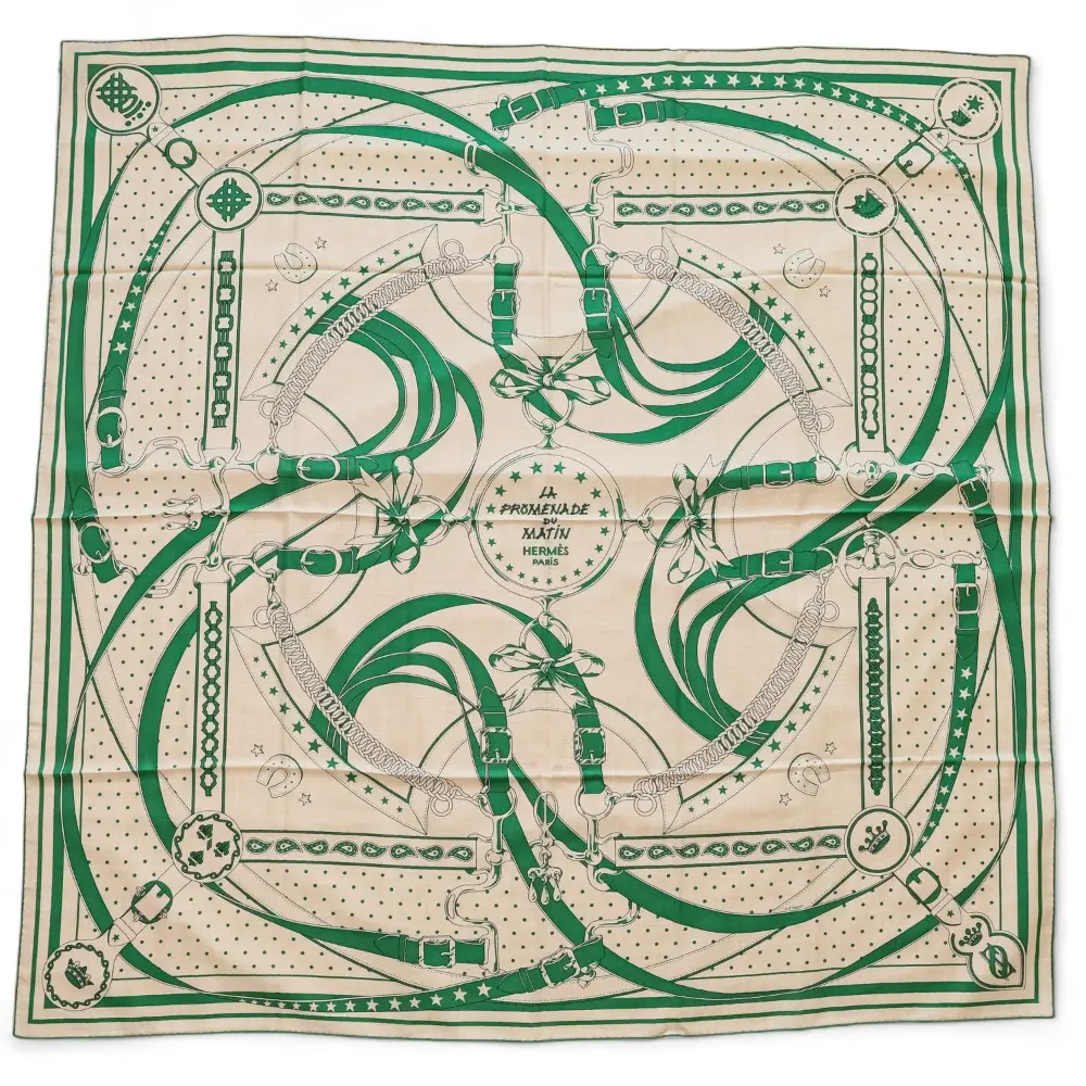 23SS HERMES エルメス カレジェアン カレ140 LA PROMENADE DU MATIN 朝の散歩 カシミヤシルク 大判スカーフ ベージュ グリーン