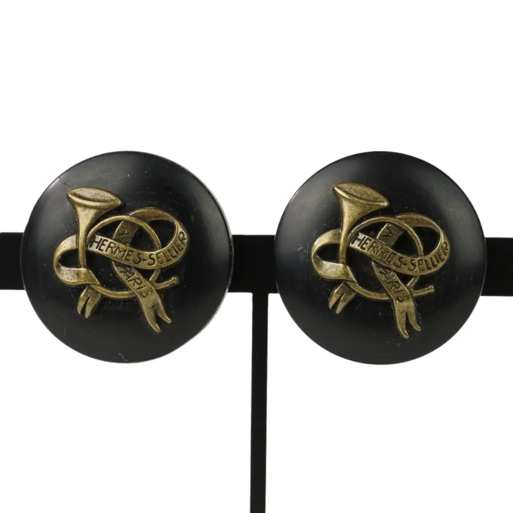 HERMES エルメス ヴィンテージ バッファローホーン ホルンモチーフ ラウンドイヤリング ブラック