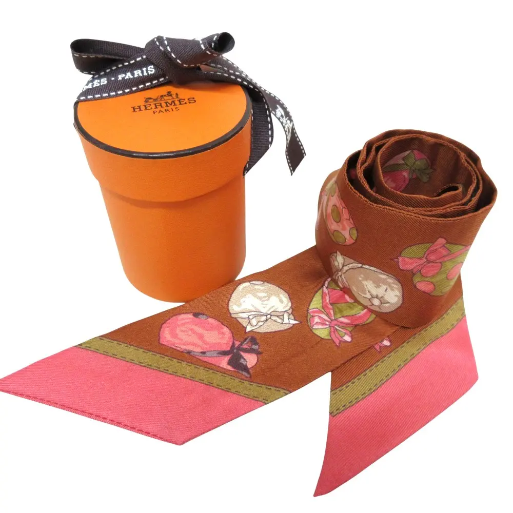 HERMES エルメス ツイリー JOCKEY 馬術用帽子柄 シルク スカーフ ブラウン ピンク