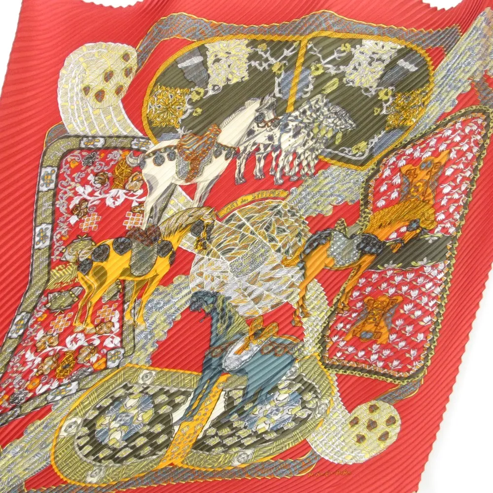 HERMES エルメス art des steppes ステップ美術 シルク ホース柄 プリーツ カレ スカーフ レッド