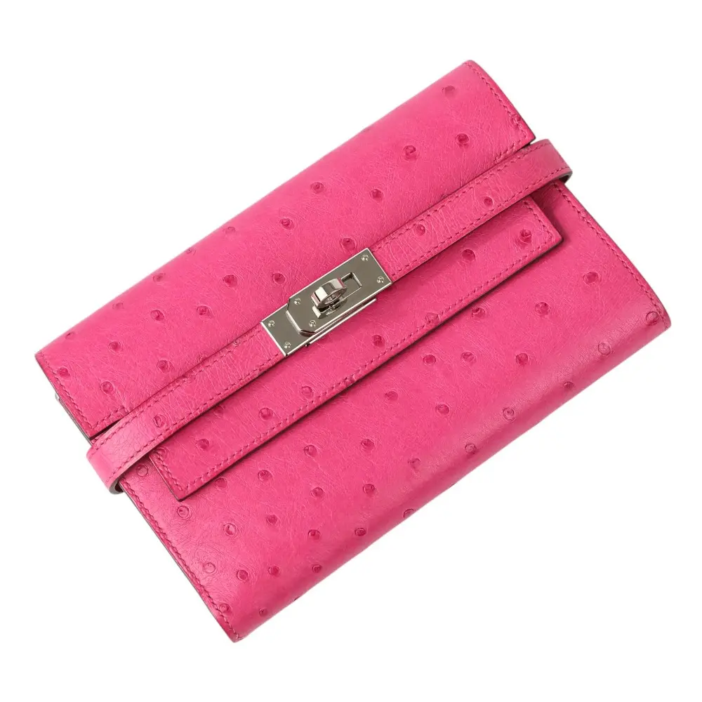 HERMES エルメス オーストリッチ ケリーウォレット 三つ折り長財布 D刻印 フューシャピンク