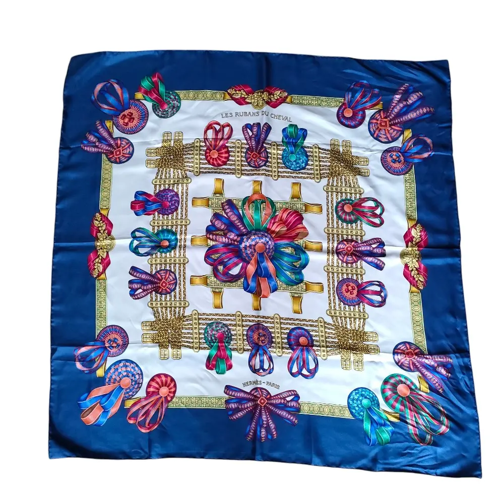 HERMES エルメス シルク100％ 馬のリボン飾り LES RUBANS DU CHEVAL カレ90 大判 バンダナ スカーフ ネイビー マルチカラー