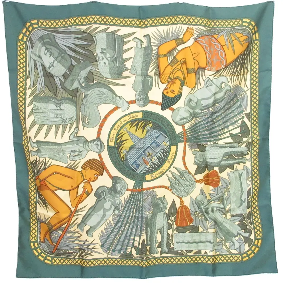 HERMES エルメス カレ90 Tresor Royal du Benin ベナン王家の宝物 大判 シルク スカーフ グリーン