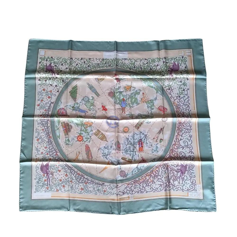 HERMES エルメス シルク100％ 世界地図 カレ90 大判 バンダナ スカーフ 箱付き ベージュ