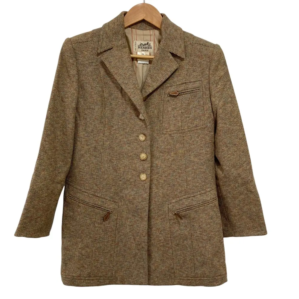 HERMES エルメス カシミヤブレンド ツイード ロングジャケット サイズ40 ベージュミックス