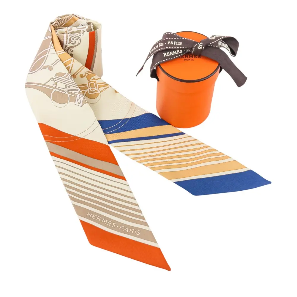 HERMES エルメス Ex-Libris エクスリブリス シルク ツイリースカーフ クリーム オレンジ ベージュ