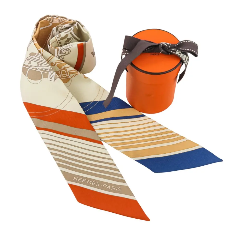 HERMES ルメス ツイリー Ex-Libris エクスリブリス シルクスカーフ クリーム ベージュ オレンジ
