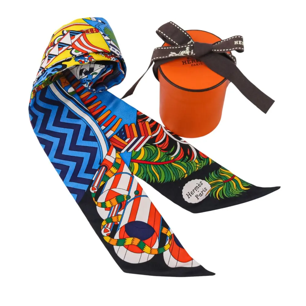 HERMES エルメス ツイリー 杖傘と決闘 De l'Ombrelle aux Duels Vieux シルクスカーフ ノワール ブルー ジョーヌ