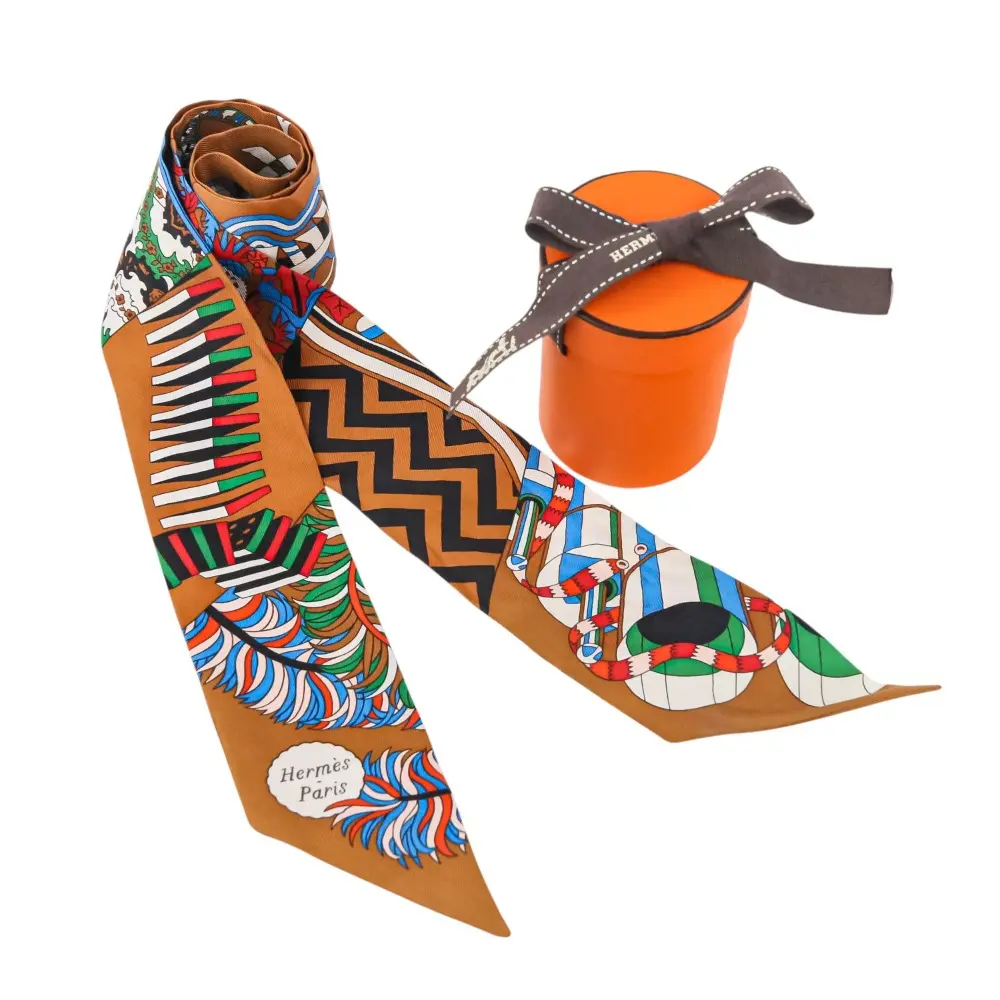 HERMES エルメス ツイリー 杖傘と決闘 De l'Ombrelle aux Duels Vieux シルクスカーフ キャメル ヴェール ブルー