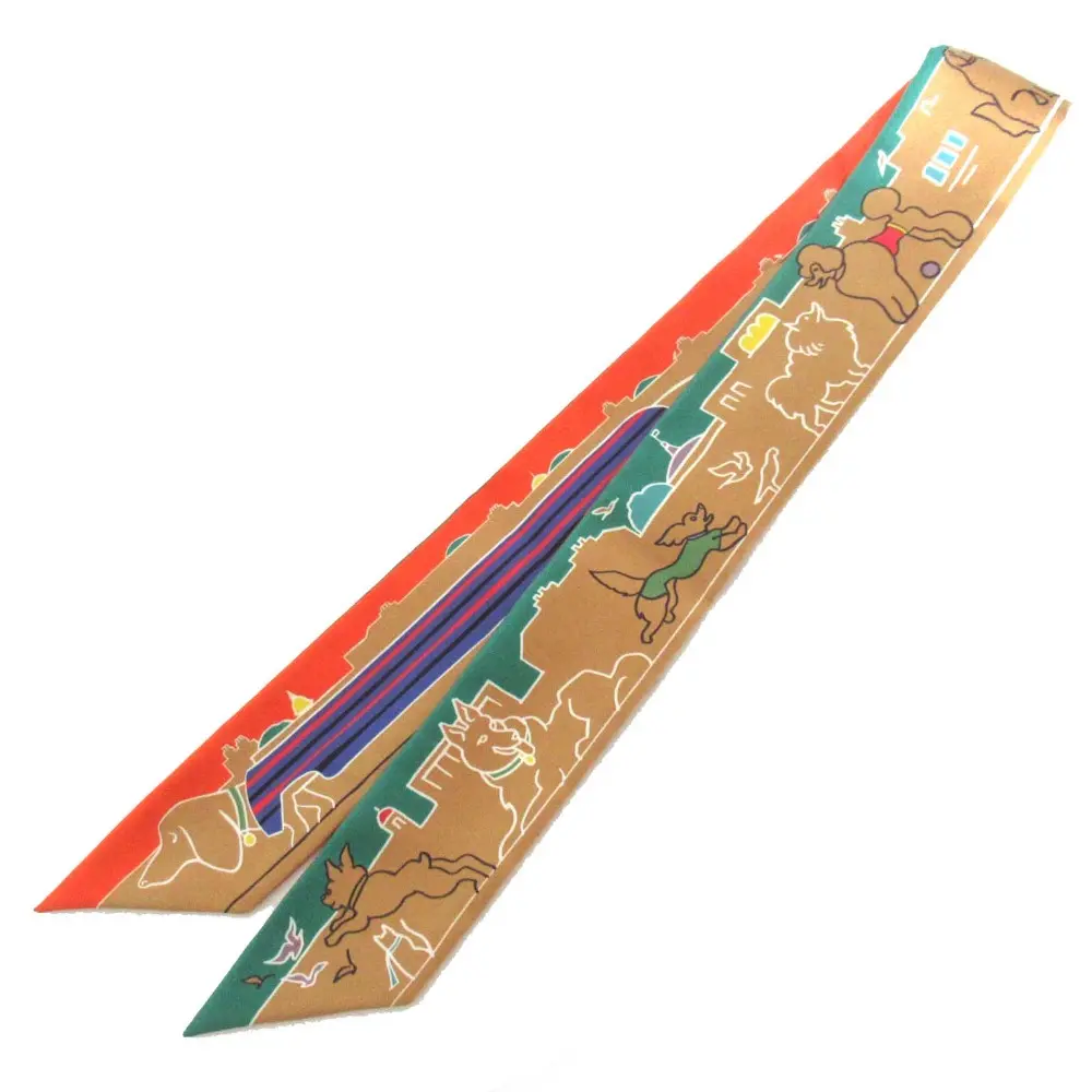 24SS HERMES エルメス Les Chiens Parisiens パリジャンの犬 シルク ツイリー スカーフ ベージュ