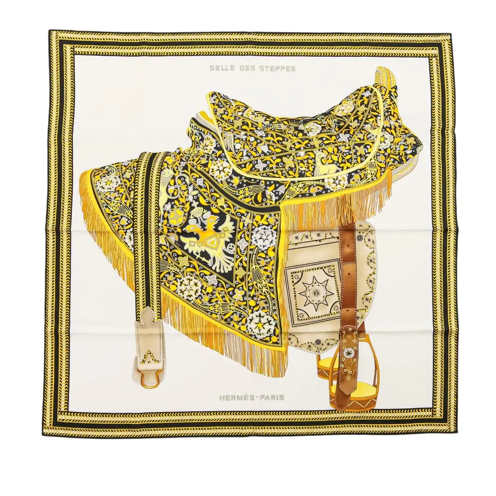 HERMES エルメス カレ90 Selle des Steppes セル・デ・ステップ シルクスカーフ イエロー ホワイト