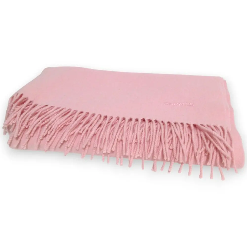 HERMES エルメス カシミヤ100％ ロゴ刺繍 フリンジ 大判マフラー ストール ピンク