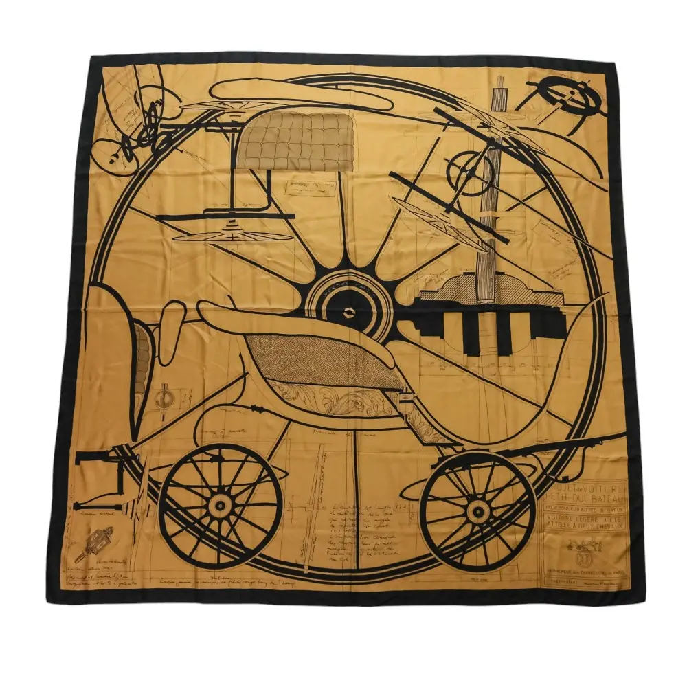 HERMES エルメス PROJET de VOITURE PETIT-DUC BATEAU カレ140 カレジェアン 大判シルクスカーフ キャメル ブラック