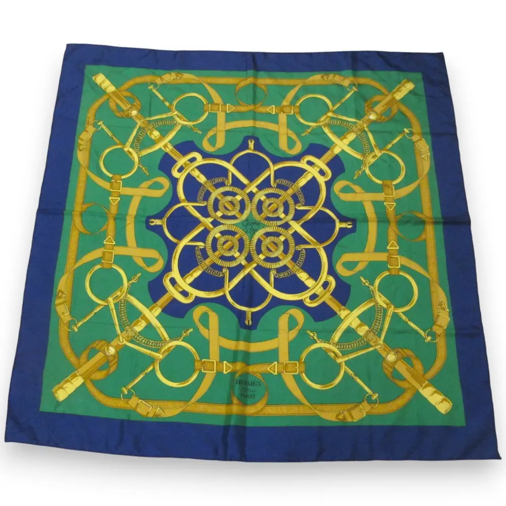 HERMES エルメス カレ90 エプロンドール 黄金の拍車 シルク100％ スカーフ グリーン×ゴールド×ネイビー