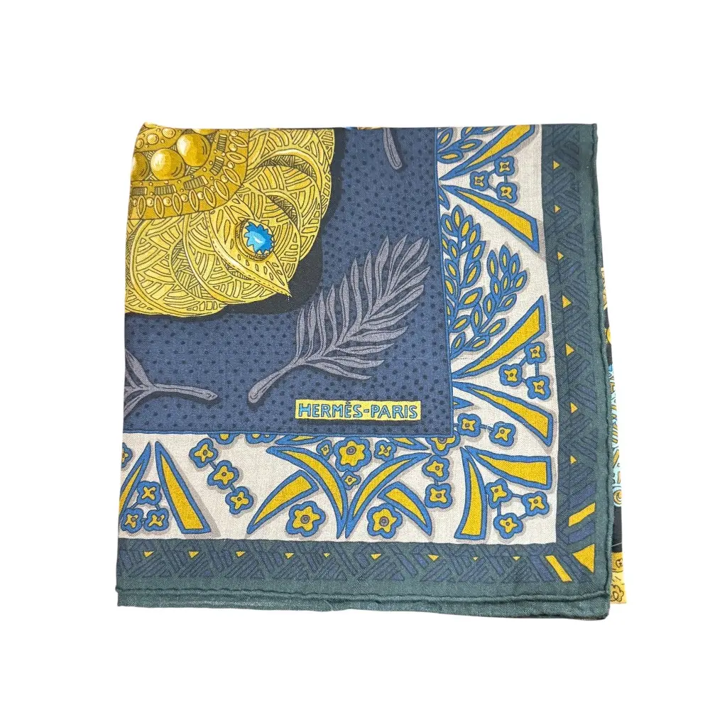 HERMES エルメス カレジェアン ZENOBIE REINE DE PALMYRE パルミラの女王ゼノビア カシミヤシルク 大判 ストール ネイビー系