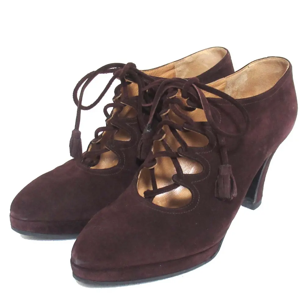 HERMES エルメス ヴィンテージ スエード レースアップ ハイヒール ブーティー パンプス 36.5 23.5cm ダークブラウン