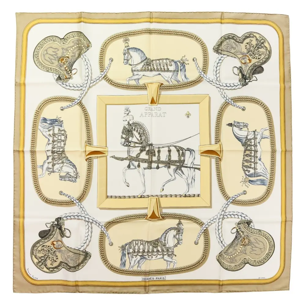 HERMES エルメス カレ90 GRAND APPARAT 盛装の馬 シルクスカーフ ブラウン ホワイト