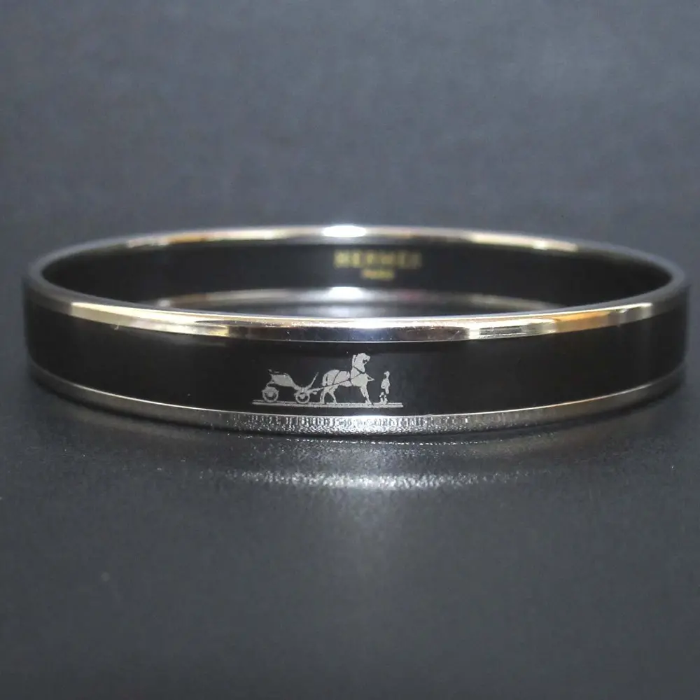 HERMES エルメス エマイユ 馬車柄 バングル ブレスレット ブラック×シルバーカラー