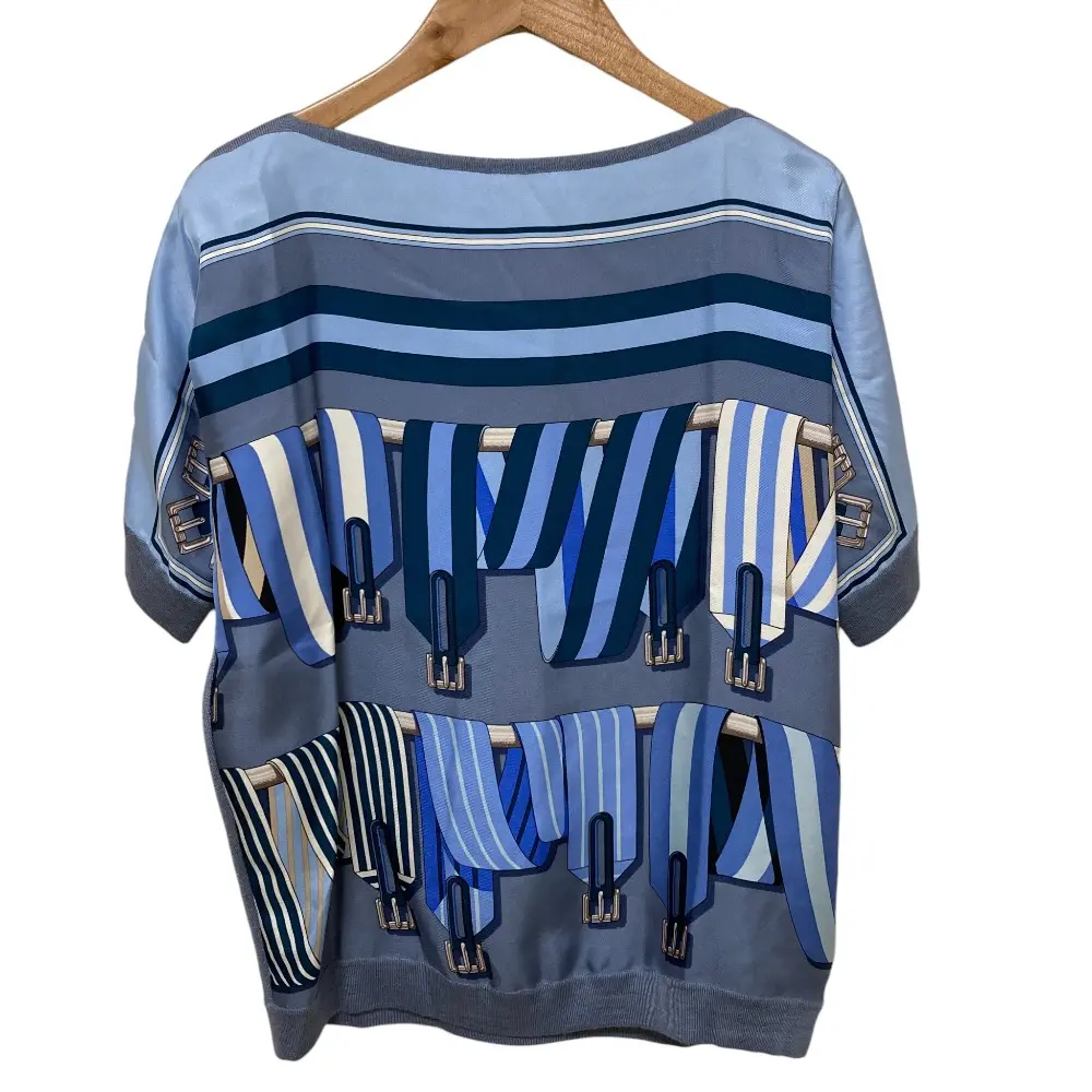 HERMES エルメス ツイルレーヌ シルク ショートスリーブ ニットブラウス サイズ34 ブルー