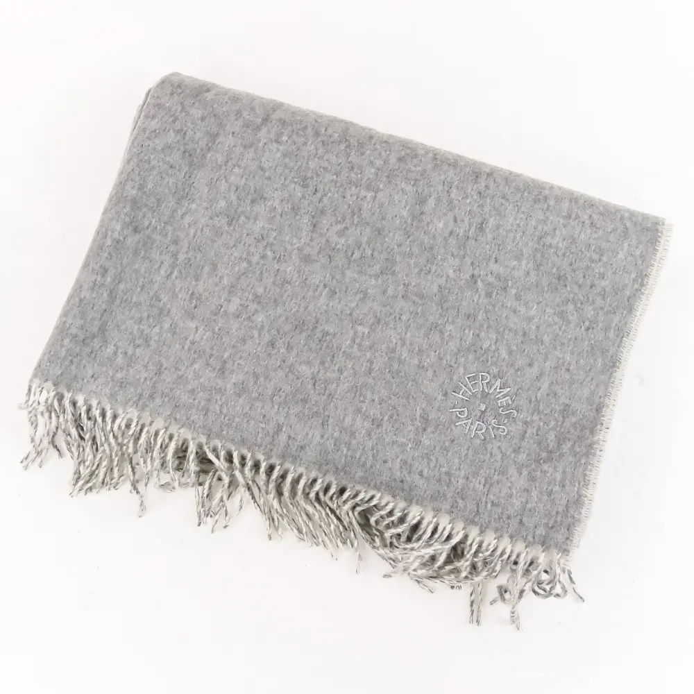 HERMES エルメス カシミヤ100％ ダブルフェイス リバーシブル 大判マフラー ストール ショール グレー×ホワイト