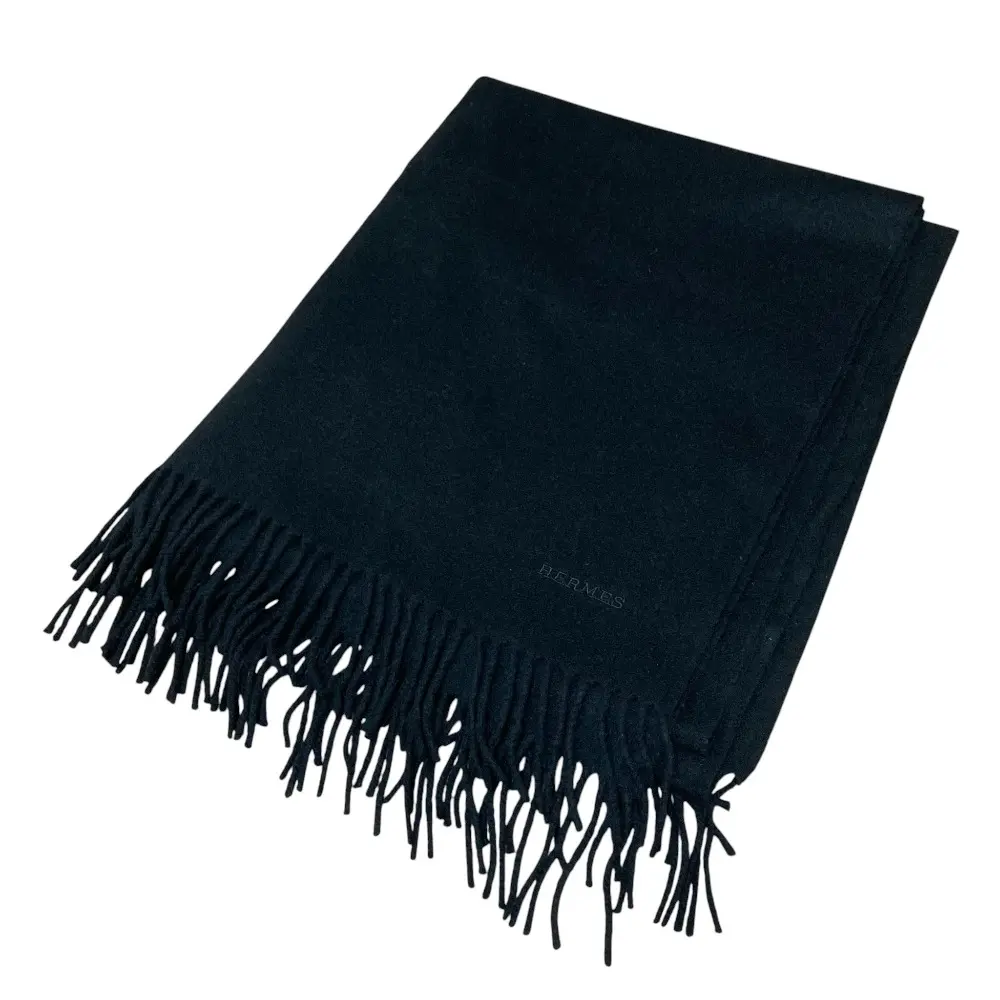 HERMES エルメス ロゴ刺繍 カシミヤ フリンジ 大判マフラー ストール ブラック
