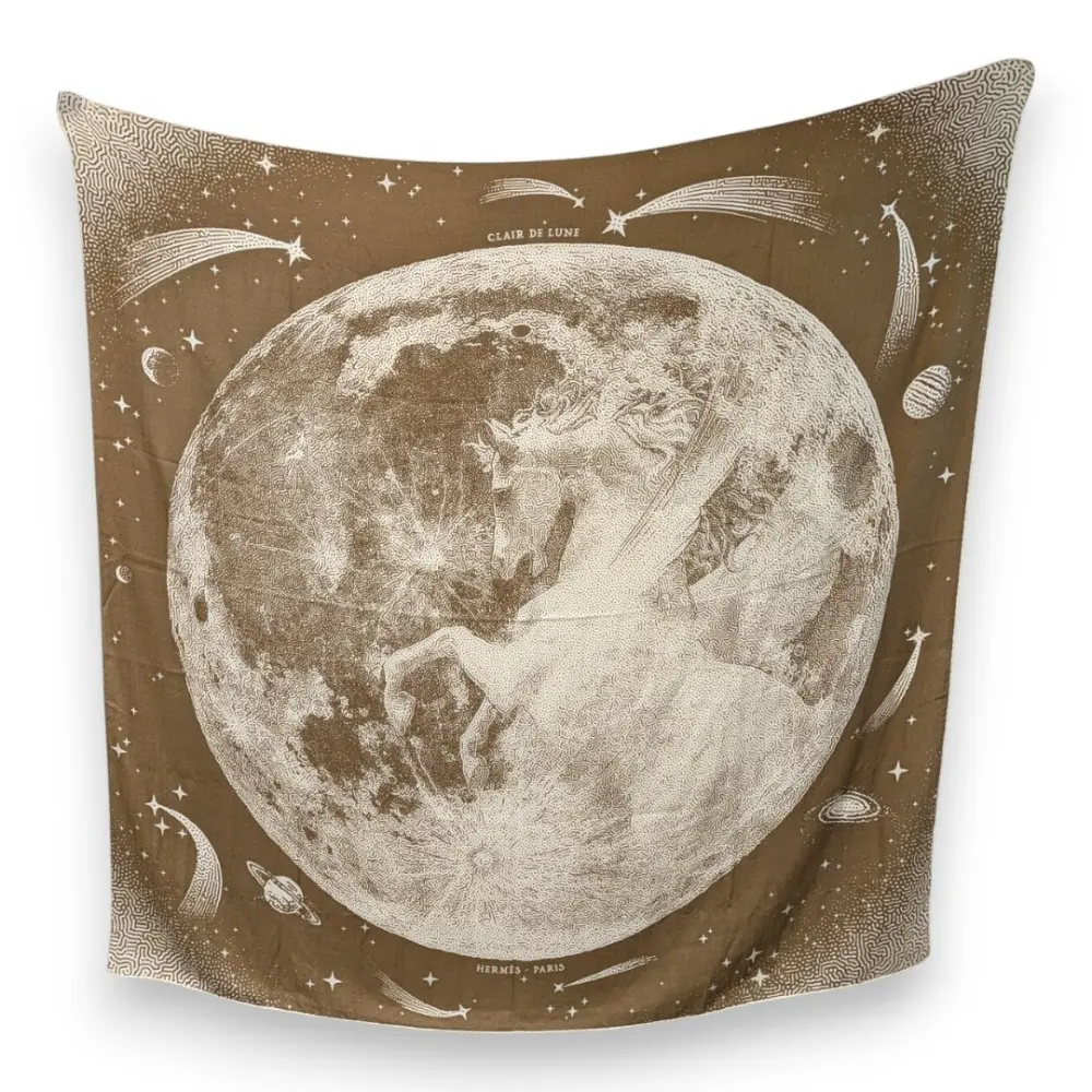 HERMES エルメス カレ140 カレジェアン クレールドゥリュンヌ 月光 ペガサス 大判スカーフ ブラウン