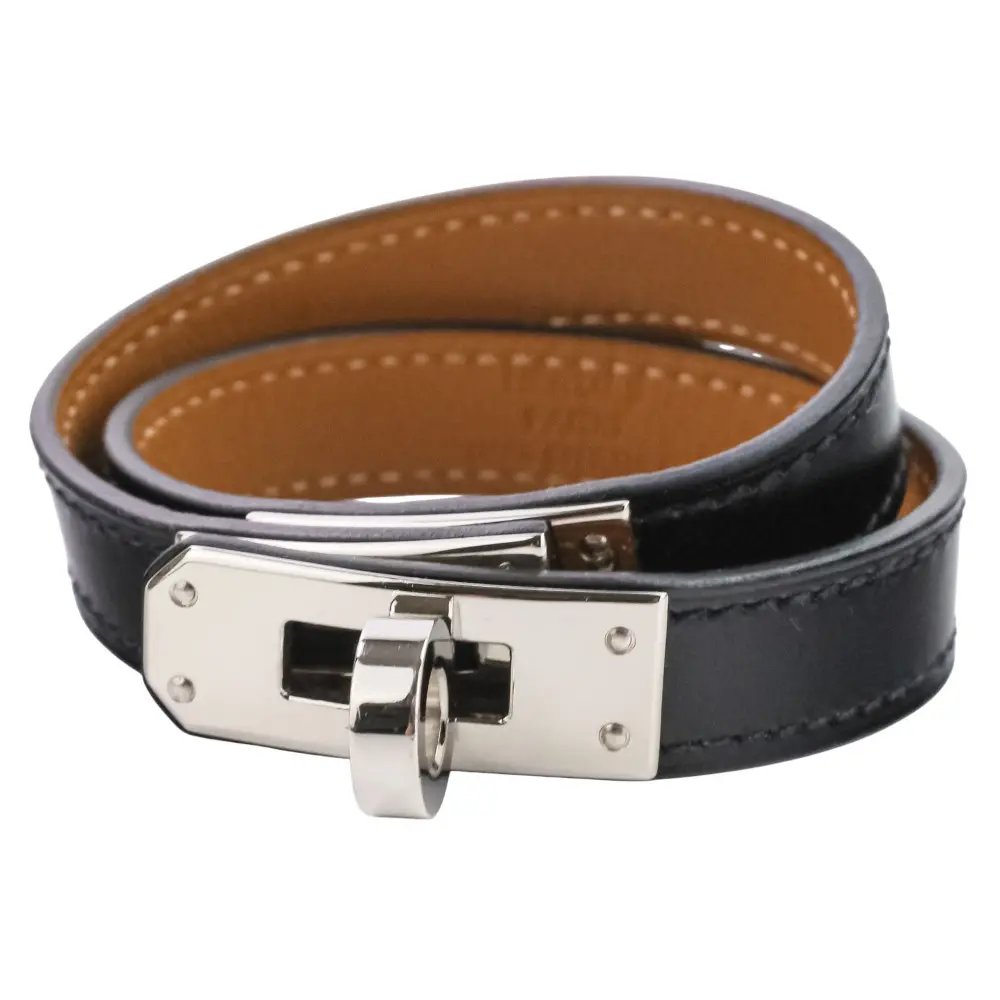 HERMES エルメス ケリー ブレスレット 2連 Z刻印 ボックスカーフ シルバー金具 ブラック