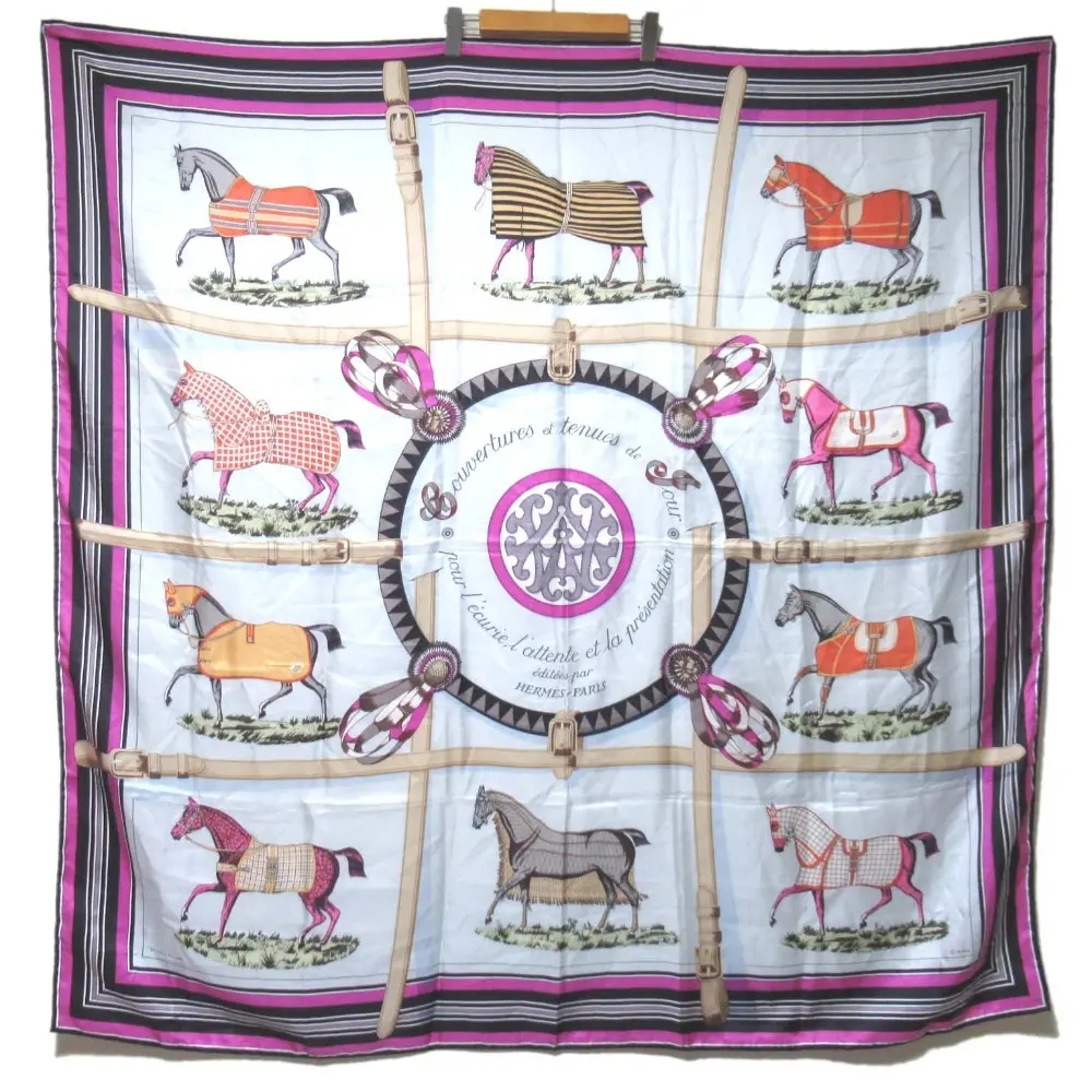 HERMES エルメス カレ140 Couvertures et tenues de jour 馬着 シルク 大判スカーフ ブルーグレー×ピンク系