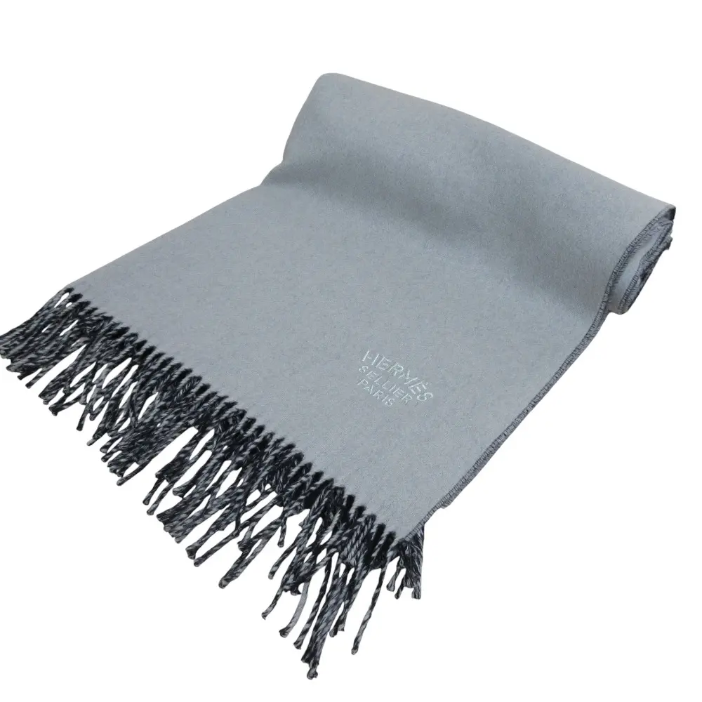 HERMES エルメス カシミヤ100% ダブルフェイスマフラー 大判ストール グレー ネイビー