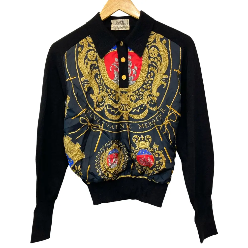 HERMES エルメス ヴィンテージ ツイルレーヌ セリエボタン ニットポロシャツ サイズ42 ブラック